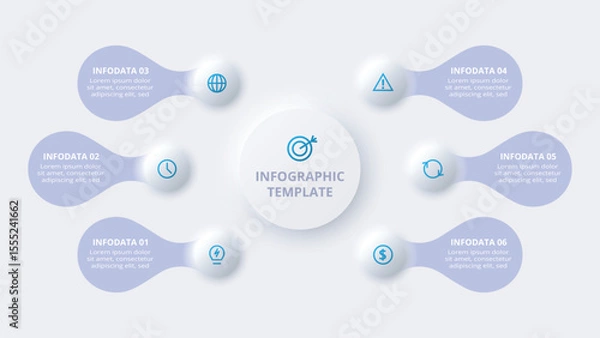 Obraz Neumorphic flow chart infographic. Creative concept for infographic with 6 steps, options, parts or processes.