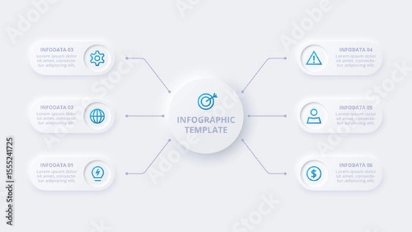 Obraz Neumorphic flow chart infographic. Creative concept for infographic with 6 steps, options, parts or processes.