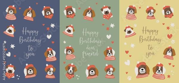 Fototapeta Greeting card with funny puppies vector set