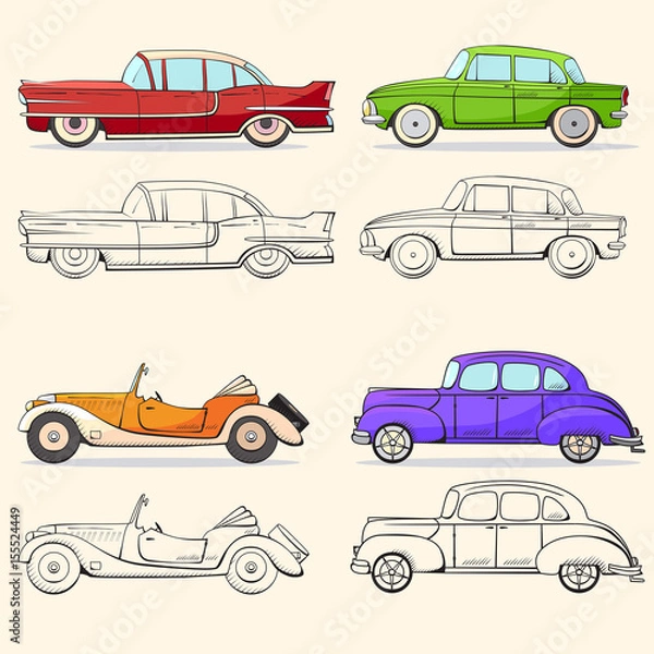 Fototapeta Collection with retro car in cartoon style. Color and black outline retro auto.  Classic car drawn set