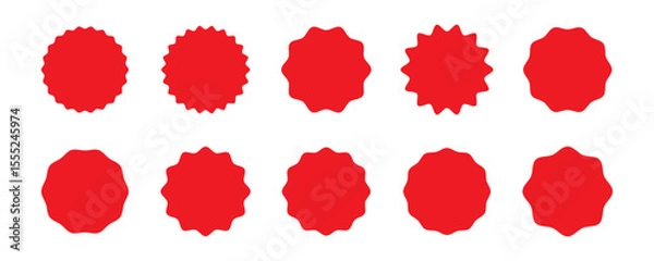 Fototapeta Set of red blank seal badge shapes with wavy and pointed edges. Vector graphic icons isolated. Label and tag design concept. Template and mockup elements for design and print