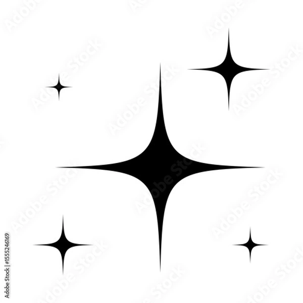Fototapeta Set of black sparkle star icons with sharp edges and radial symmetry. Minimalist vector illustration of glowing twinkle elements. Decoration and accent graphic concept. Template for design and print
