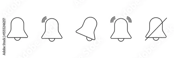 Fototapeta Set of bell icons in different notification states including mute, ringing, and alert. Minimalist line style vector symbols. Interface and mobile app UI design concept. Template for design and print
