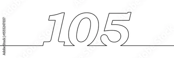 Fototapeta Number 105 drawn in continuous single line style. Minimalist contour numeric illustration. Anniversary, milestone, and birthday concept. Template element for design and print