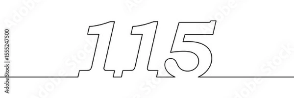 Fototapeta Number 115 drawn in continuous single line style. Minimalist contour numeric illustration. Anniversary, milestone, and birthday concept. Template element for design and print