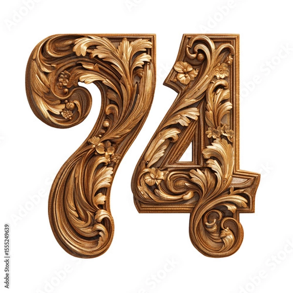 Fototapeta Golden Number Seventy Four with Detailed Floral Scrollwork on Transparent Background