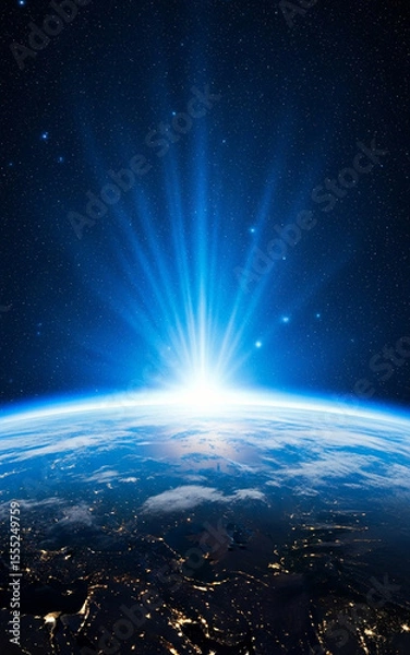 Fototapeta Earth’s curvature is seen clearly as sunlight rises from behind, creating dramatic atmosphere in deep space. 