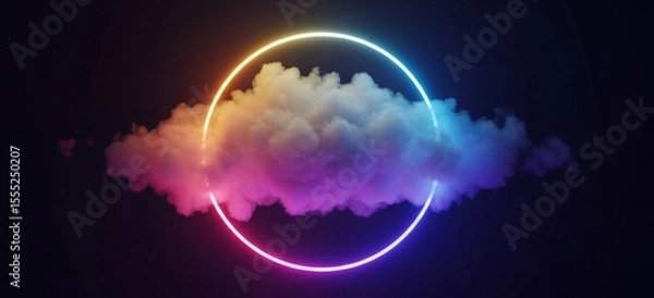 Fototapeta A vibrant glowing cloud in the center of a neon ring on a futuristic dark background with surreal digital art elements.