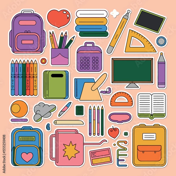 Fototapeta A colorful and diverse sticker collection showcasing essential 'Back to School' items like backpacks, textbooks, pencils, rulers, chalkboards, and more. Perfect for educational themes.