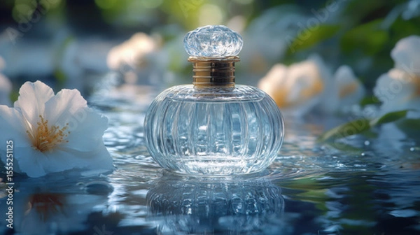 Fototapeta  Perfume, botanical flowers, top, premium, natural background with water surface, minimalistic color scheme.