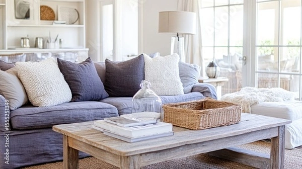 Fototapeta Light-filled living room with a cozy, upholstered sofa and wooden coffee table.