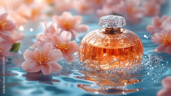 Fototapeta  Perfume, botanical flowers, top, premium, natural background with water surface, minimalistic color scheme.