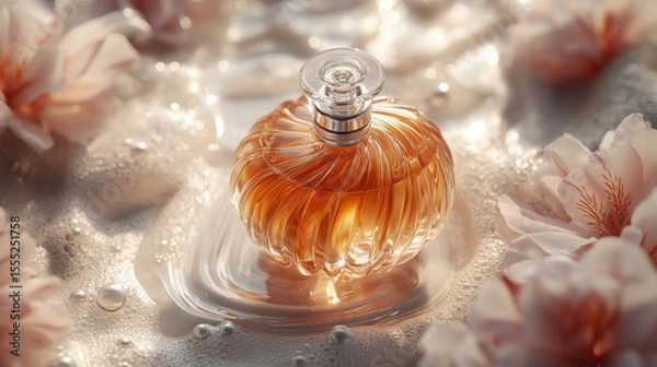 Fototapeta  Perfume, botanical flowers, top, premium, natural background with water surface, minimalistic color scheme.