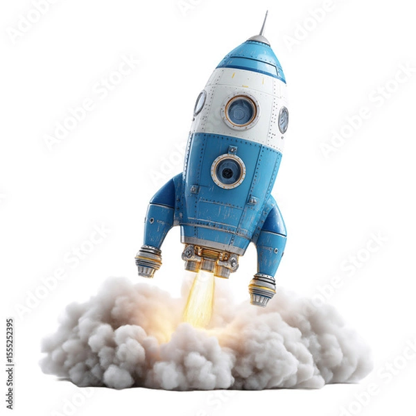 Fototapeta Rocket ship launching with smoke and flames on transparent background.