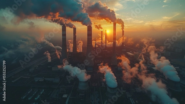 Fototapeta High-angle static shot: The camera captures a sprawling panorama of a coal-fired power plant․ An overcast sky, starkly illustrating the industrial magnitude.