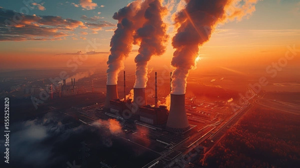 Fototapeta High-angle static shot: The camera captures a sprawling panorama of a coal-fired power plant․ An overcast sky, starkly illustrating the industrial magnitude.