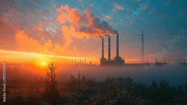 Fototapeta High-angle static shot: The camera captures a sprawling panorama of a coal-fired power plant․ An overcast sky, starkly illustrating the industrial magnitude.