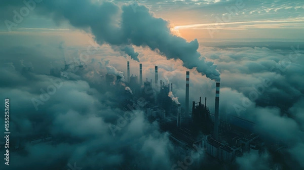 Fototapeta High-angle static shot: The camera captures a sprawling panorama of a coal-fired power plant․ An overcast sky, starkly illustrating the industrial magnitude.