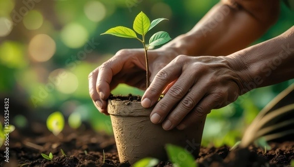 Fototapeta Hands planting a small tree in a pot in the ground with a green background in soft focus outdoors