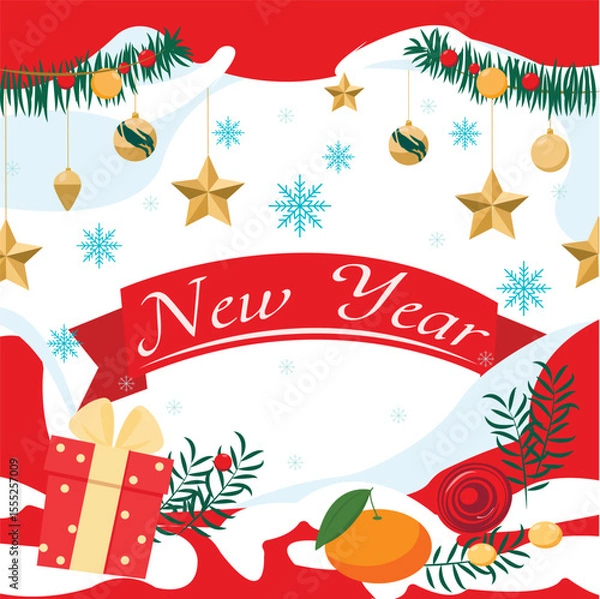 Obraz New Year pattern, Christmas decorations, snowflakes, stars, gift boxes, tangerines and candies.