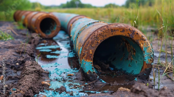 Fototapeta Large aged rusty dirty blue or gray industry iron or metal pipelines tubes taking out waste or pollution through the ground soil.