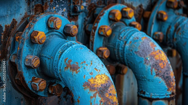 Fototapeta Large aged rusty dirty blue or gray industry iron or metal pipelines tubes taking out waste or pollution through the ground soil.