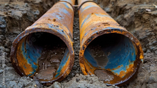 Fototapeta Large aged rusty dirty blue or gray industry iron or metal pipelines tubes taking out waste or pollution through the ground soil.