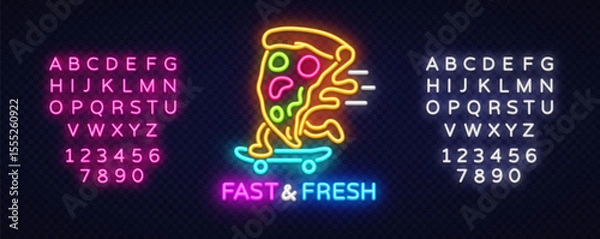 Fototapeta Pizza neon sign, slice on skateboard. Vector illustration with glowing text FAST FRESH and full neon alphabet on transparent dark background.