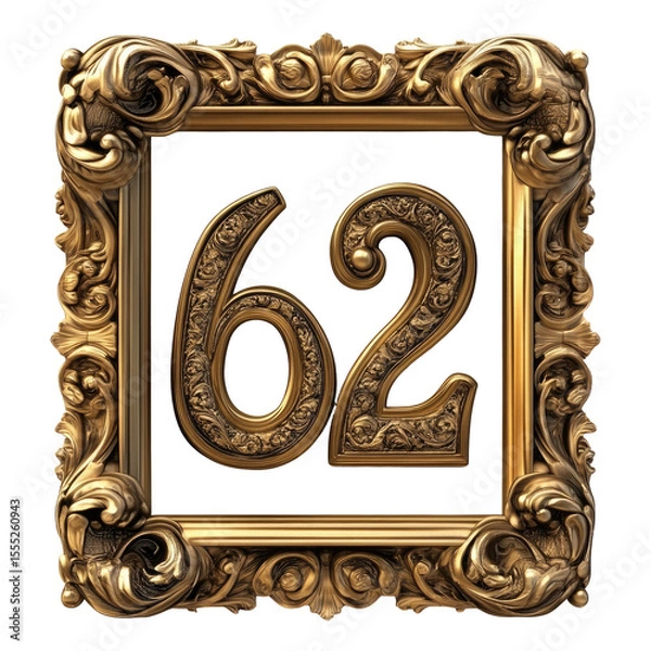 Fototapeta Golden Ornate Frame with Number Sixty-Two against Transparent Background Elegant Vintage Design