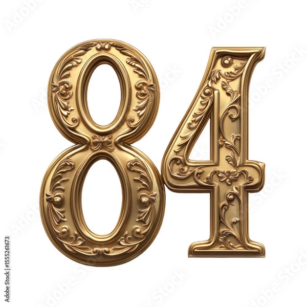 Fototapeta Golden Ornate Number Eighty-Four Isolated on Transparent Background with Floral Detailing Suitable for Design