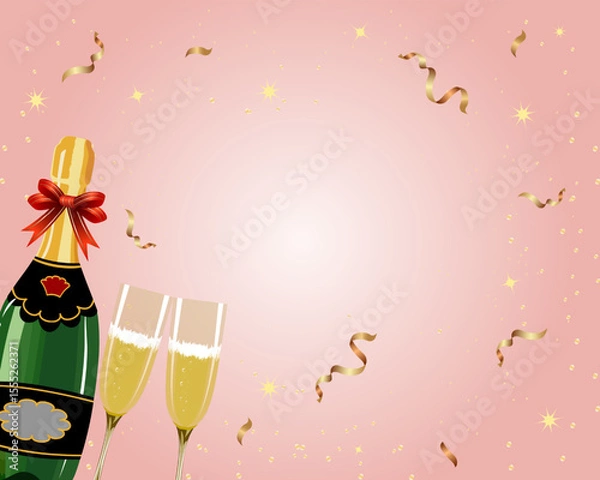 Obraz Postcard with champagne and confetti.Vector greeting card with sparkling wine in bottle and glasses on pink background with golden confetti.