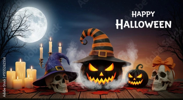 Fototapeta Halloween scene with pumpkins skulls candles and a full moon