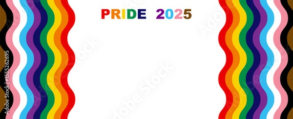 Obraz Pride 2025 Rainbow Flag LGBTQIA+ Wavy Banner. Equality, Inclusivity. Gay Pride template with LGBT Flag sign. Pride Month. Colorful design element frame border vector background