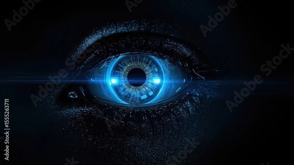 Obraz Futuristic human eye glowing blue with digital interface elements, cybernetic technology, dark background, high-tech concept, artificial intelligence, sci-fi mood, close-up detailed macro shot