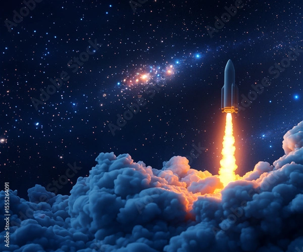 Obraz Rocket launching into the vast cosmos, surrounded by vibrant clouds and twinkling stars, showcasing the power of space exploration and human innovation in the universe