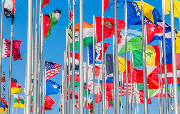 Fototapeta World congress countries national flags waving on the wind, with Djibouti, Bosnian, Moroccan, Senegal, Cuban, US banners waving in the foreground, Doha, Qatar