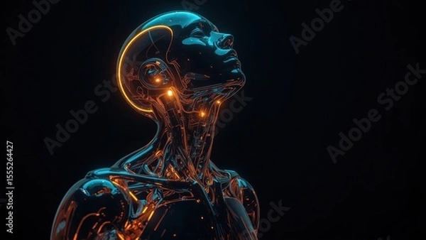 Obraz Futuristic human cyborg with glowing circuits and transparent skin looking upward in dark background showcasing advanced technology and artificial intelligence concept
