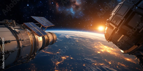Obraz Spacecraft orbiting Earth at sunrise, showcasing solar panels and intricate design, with a breathtaking view of the planet's surface illuminated by city lights and cosmic backdrop