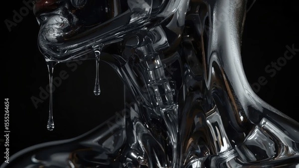 Obraz Futuristic chrome robot head close-up with liquid metal dripping, shiny reflective surface, dark background, sci-fi technology concept, modern cybernetic design, high detail