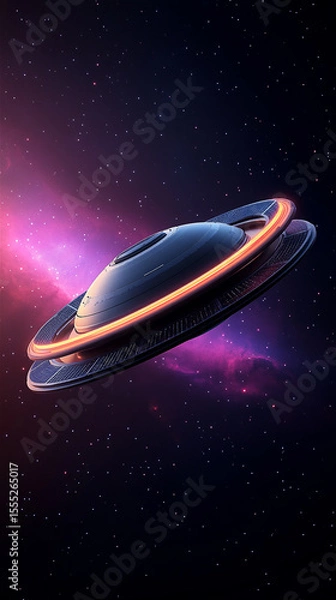 Obraz Futuristic spacecraft with glowing rings is hovering in a vibrant cosmic scene filled with colorful nebulae and stars, showcasing advanced technology and interstellar travel