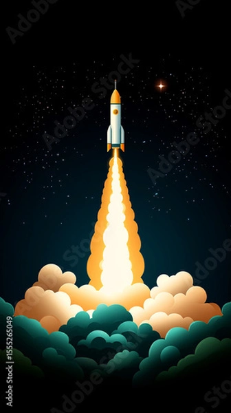 Obraz Rocket launching into space with bright flames and clouds, surrounded by a starry night sky, symbolizing exploration, adventure, and technological advancement in a vibrant illustration