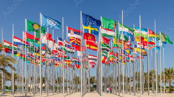 Fototapeta Many world's countries national flags waving on the wind, with UN, EU, GCC, Sweden, Serbian banners in the foreground, Doha, Qatar