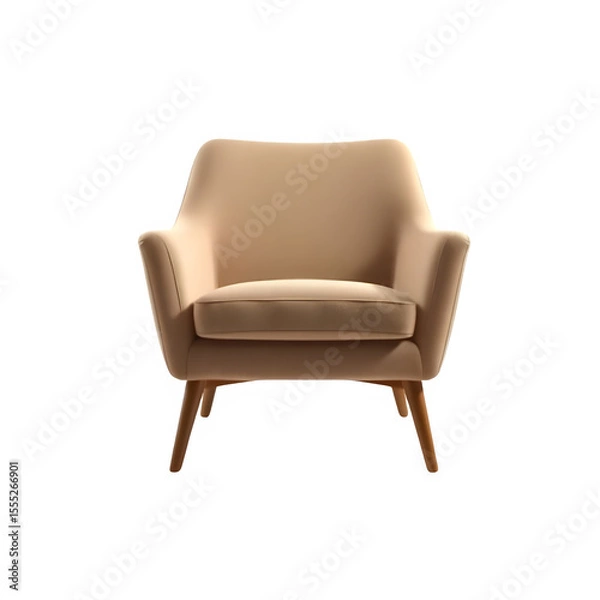 Fototapeta Modern minimalist beige armchair with wooden legs transparent background PNG, isolated furniture piece, front angle view, photorealistic texture, clean shadows, home decor

