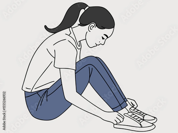 Fototapeta Minimalist illustration of young woman tying shoelaces while squatting on light grey background