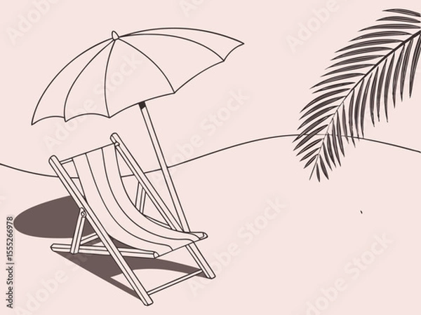Fototapeta Modern flat design of calm beach scene with white chair and elegant umbrella