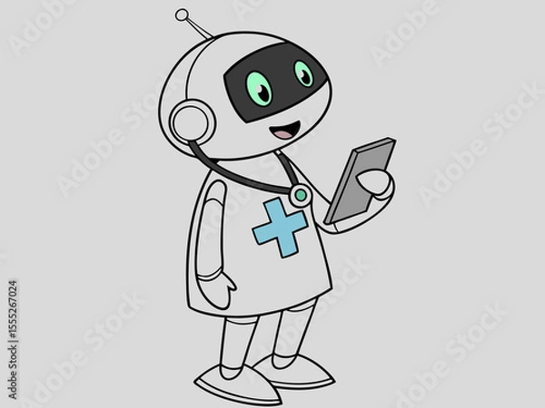 Fototapeta Playful healthcare robot character smiling while holding phone and wearing stethoscope on chest