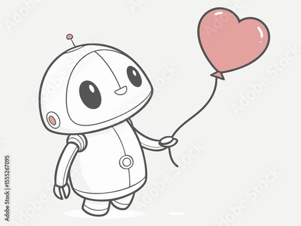 Fototapeta Friendly humanoid robot character holding love themed balloon in simple flat vector design