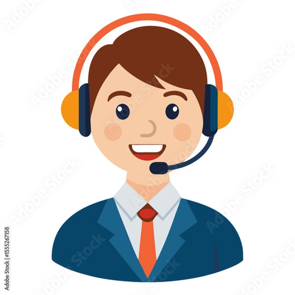 Fototapeta Happy customer support representative wearing headset communicating with clients on clean white background