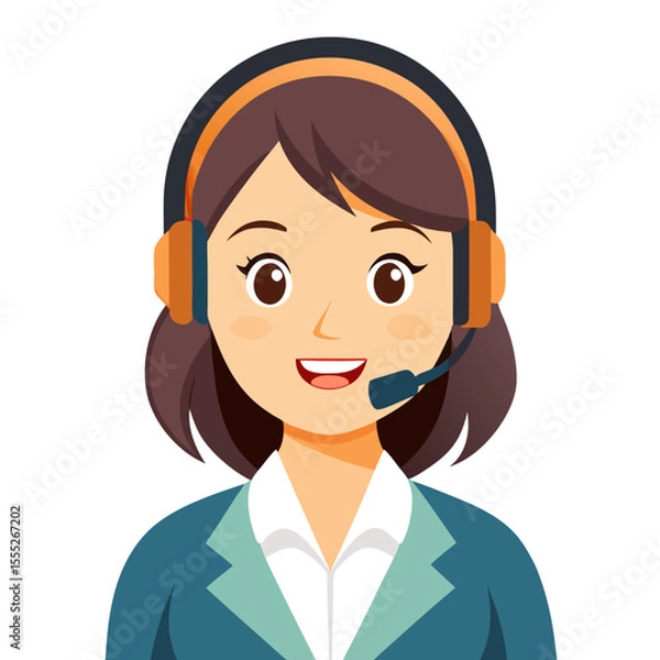 Fototapeta Happy woman customer support representative with headset smiling brightly on clean white backdrop