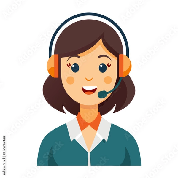 Fototapeta Cheerful female call center employee assisting customers with headset in bright white studio